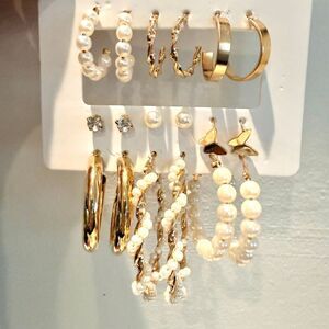 NWT Lot of 9 Pairs DHgate Hoop Stud Pierced Gold-tone & Faux Pearl Earrings